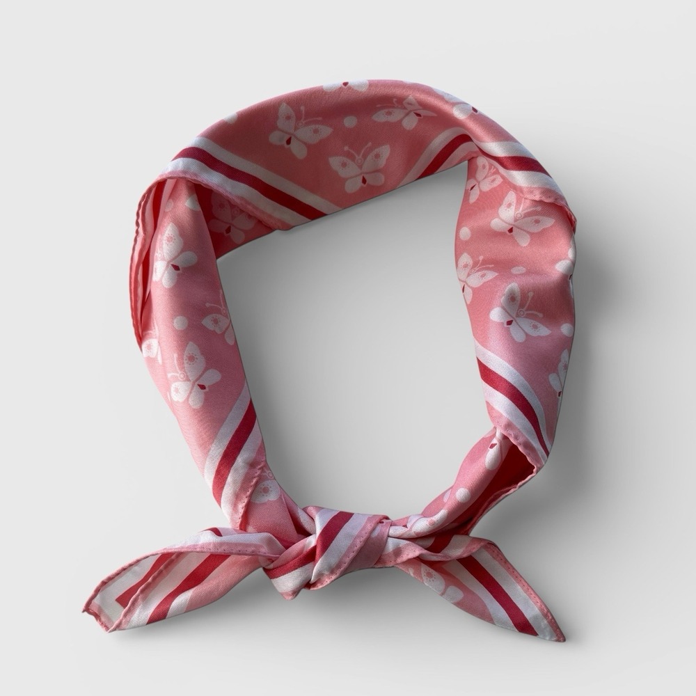 Butterfly Scarf Handkerchief Bandana Pink White Y2K 90s Retro 25.5" Square